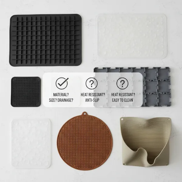 Various sink mat options (different materials, sizes) laid out, with a checklist overlay, representing choices for a buying guide. Informative, practical style.