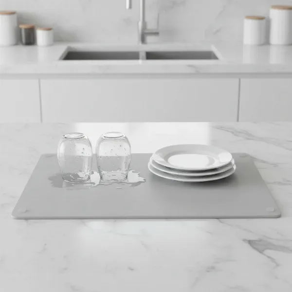 A modern diatomaceous earth drying mat with anti-slip pads on a luxurious marble kitchen counter, drying dishes and preventing water damage.