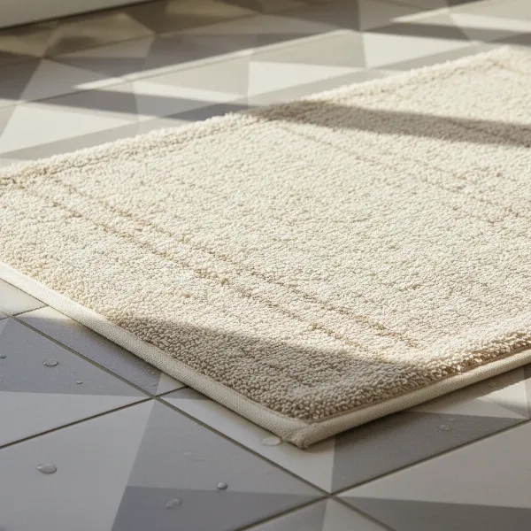 A close-up of a soft, textured Design Imports DII cotton terry kitchen mat on a tiled floor, ready to absorb spills.