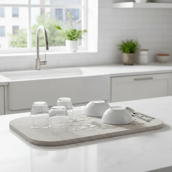 Dorai Dish Pad on a modern kitchen countertop with dishes drying, showcasing its minimalist design.