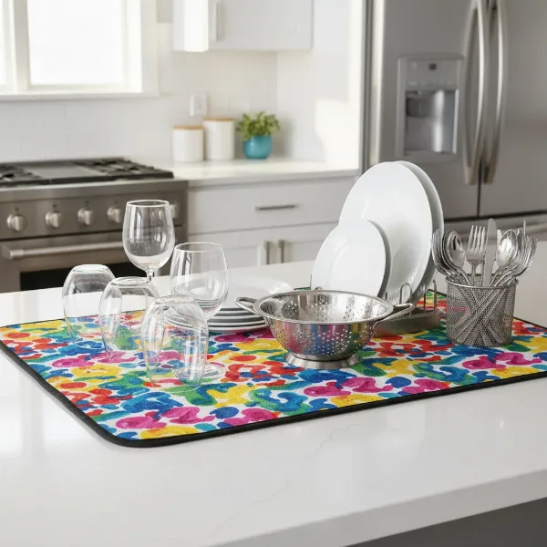 A vibrant Drymate kitchen dry mat with a fun, abstract pattern under a dish rack full of drying dishes on a clean kitchen counter, showcasing its stylish appeal and functionality.