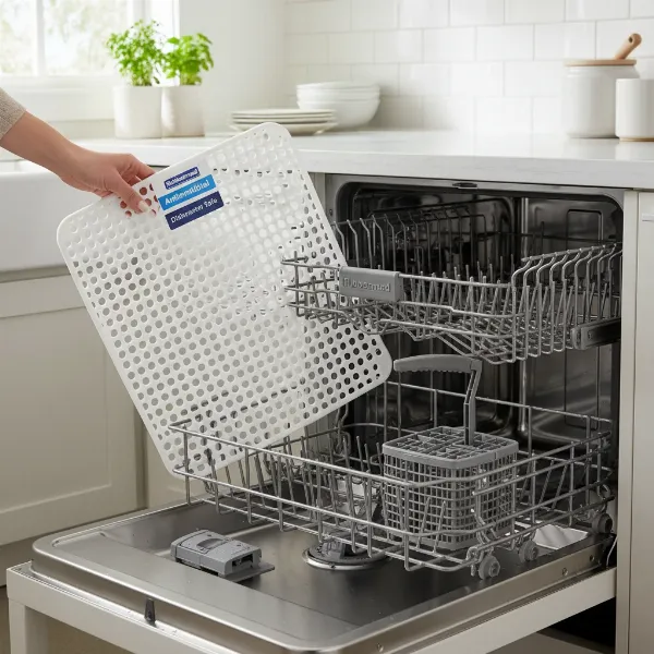 A Rubbermaid sink mat being placed into a dishwasher, highlighting its ease of cleaning and maintenance. Clean, organized kitchen environment.