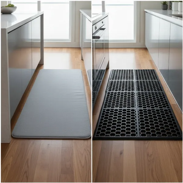 A side-by-side comparison of a soft foam core kitchen mat and a durable, perforated mesh backing drainage mat in a modern kitchen setting, highlighting their distinct textures and purposes. 