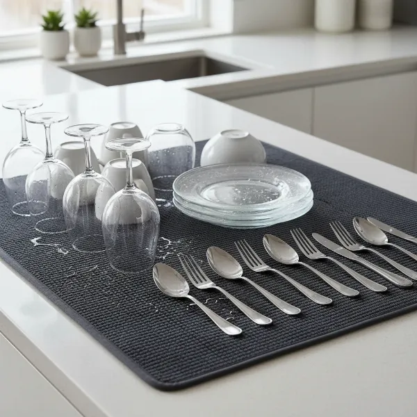 IKEA Nyscholjd drying mat holding wet dishes and protecting a clean kitchen counter