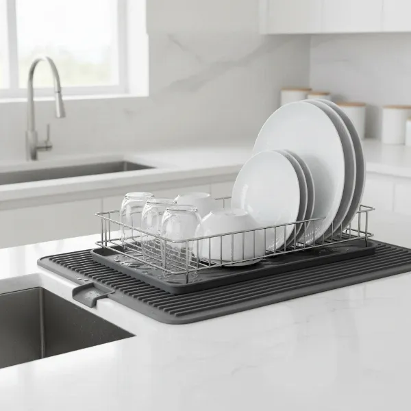 A modern silicone kitchen absorbent mat with raised ridges and a built-in drain, catching drips under a dish rack with drying dishes. White kitchen counter backdrop.
