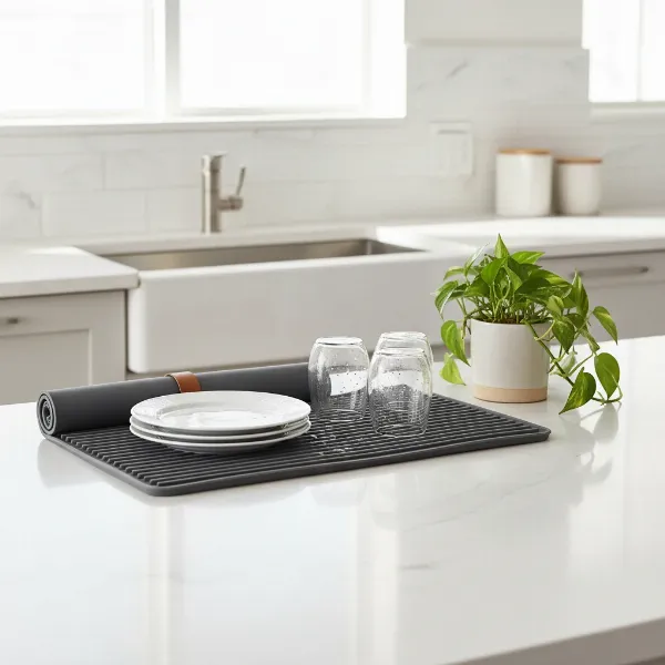 A stylish kitchen counter with a partially rolled-up dish drying mat, a few drying dishes, and a plant.