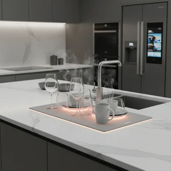 A sleek, minimalist self-heating drying mat with subtle indicator lights drying glassware in a modern, pristine kitchen environment.