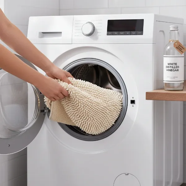 A person placing a mat into a washing machine, next to a bottle of white vinegar