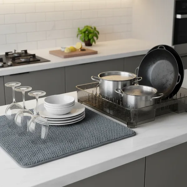 A vibrant microfiber drying mat next to a sleek plastic dish drying tray with clean dishes, highlighting their differences.