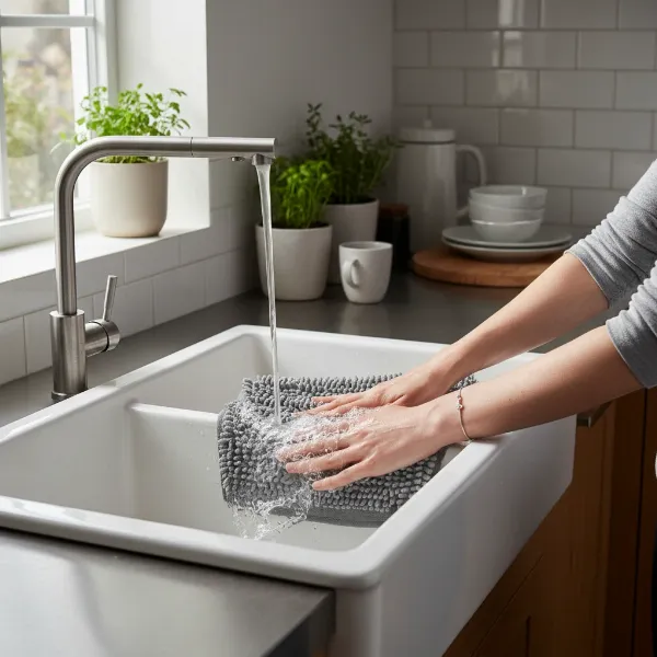 Woman washing microfiber kitchen mat by hand to prevent linting