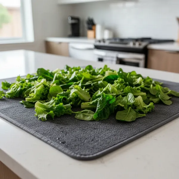A close-up of fresh, washed salad greens laid out on a soft, grey microfiber absorbent mat in a modern kitchen setting.
