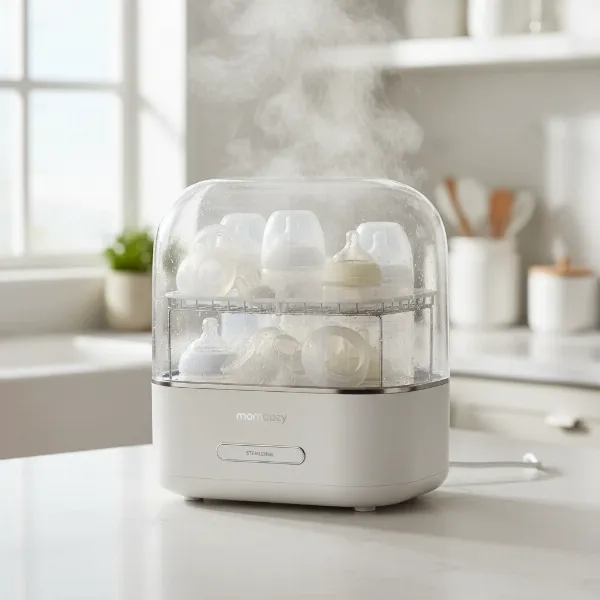 A Momcozy Bottle Sterilizer and Dryer filled with baby bottles and pump parts on a clean kitchen counter, bright and functional style