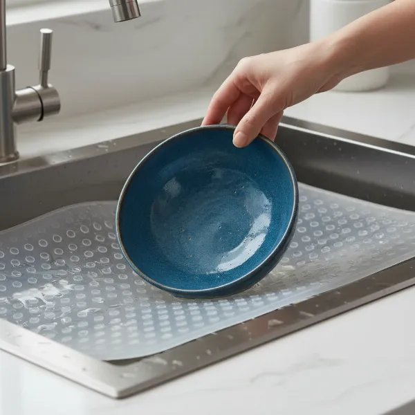 A hand gently placing a ceramic dish onto a Rubbermaid sink mat, demonstrating its cushioning and protective qualities. Focus on durability and safety.